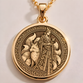 Kitsune Fox Talisman Necklace in a gold finish, shown from the front with detailed engraving on the pendant.
