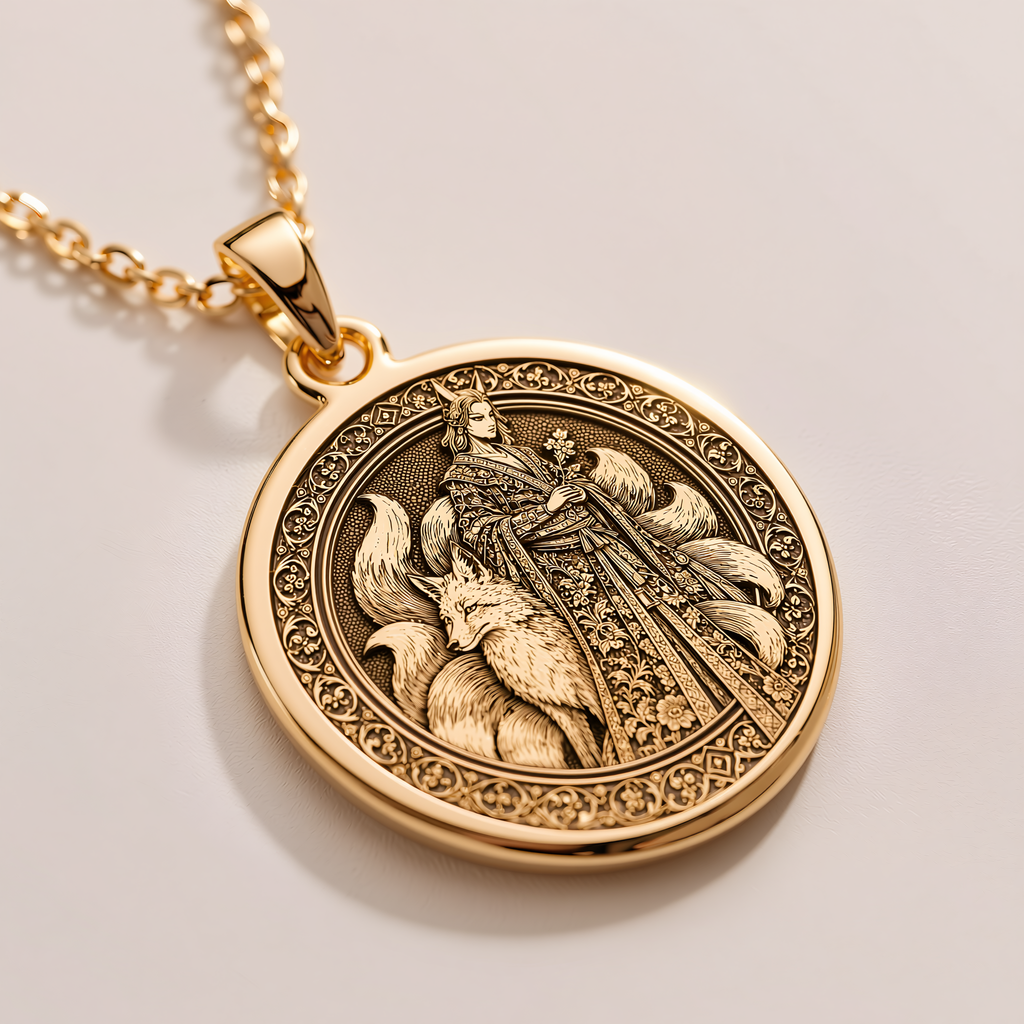 Kitsune Fox Talisman Necklace - 14K Solid Gold, Left Angle View