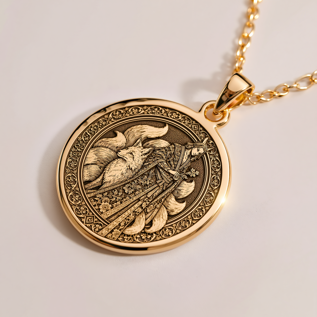 Kitsune Fox Talisman Necklace - 14K Solid Gold, Right Angle View