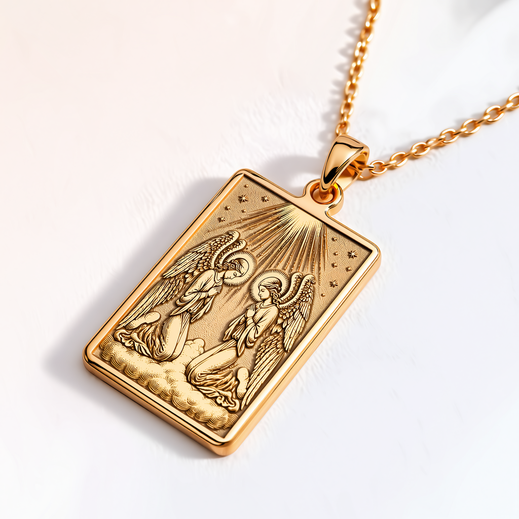 Kneeling Angels Cherubim Pendant - 14K Solid Gold, Right Angle View