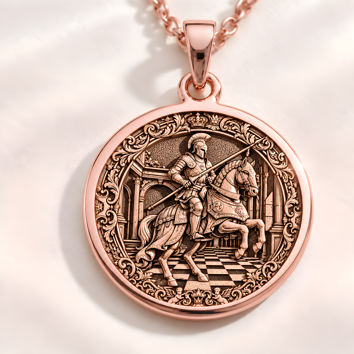 Knight Chess Coin Horse Head Necklace - 14K Rose Gold Plated