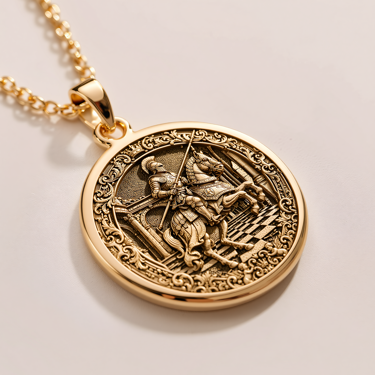Knight Chess Coin Horse Head Necklace - 14K Solid Gold, Left Angle View