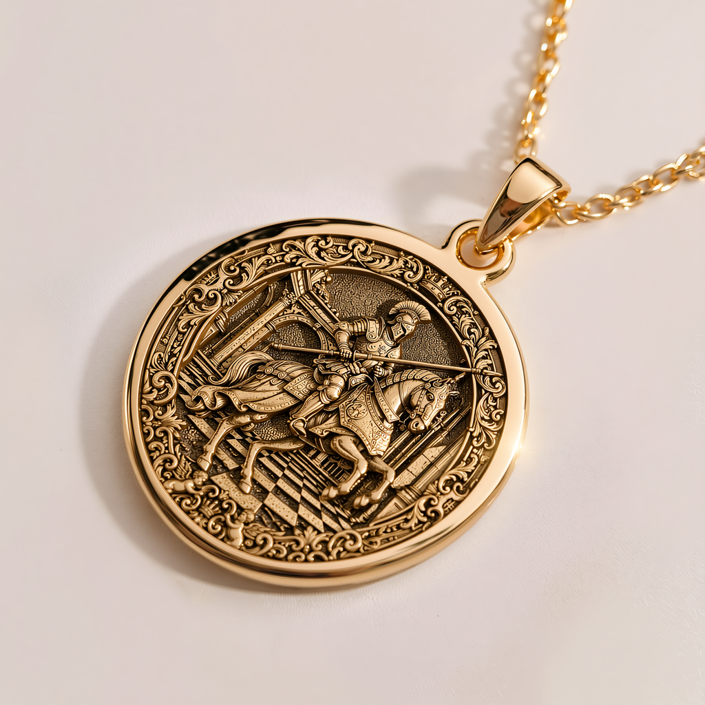 Knight Chess Coin Horse Head Necklace - 14K Solid Gold, Right Angle View