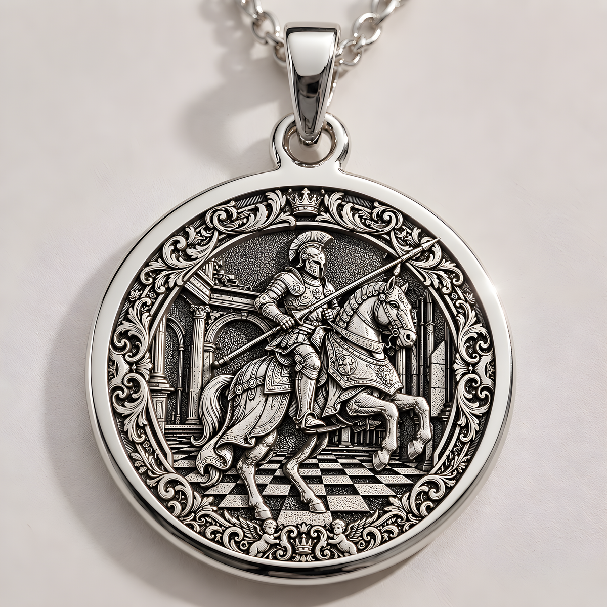 Knight Chess Coin Horse Head Necklace - 925 Sterling Silver
