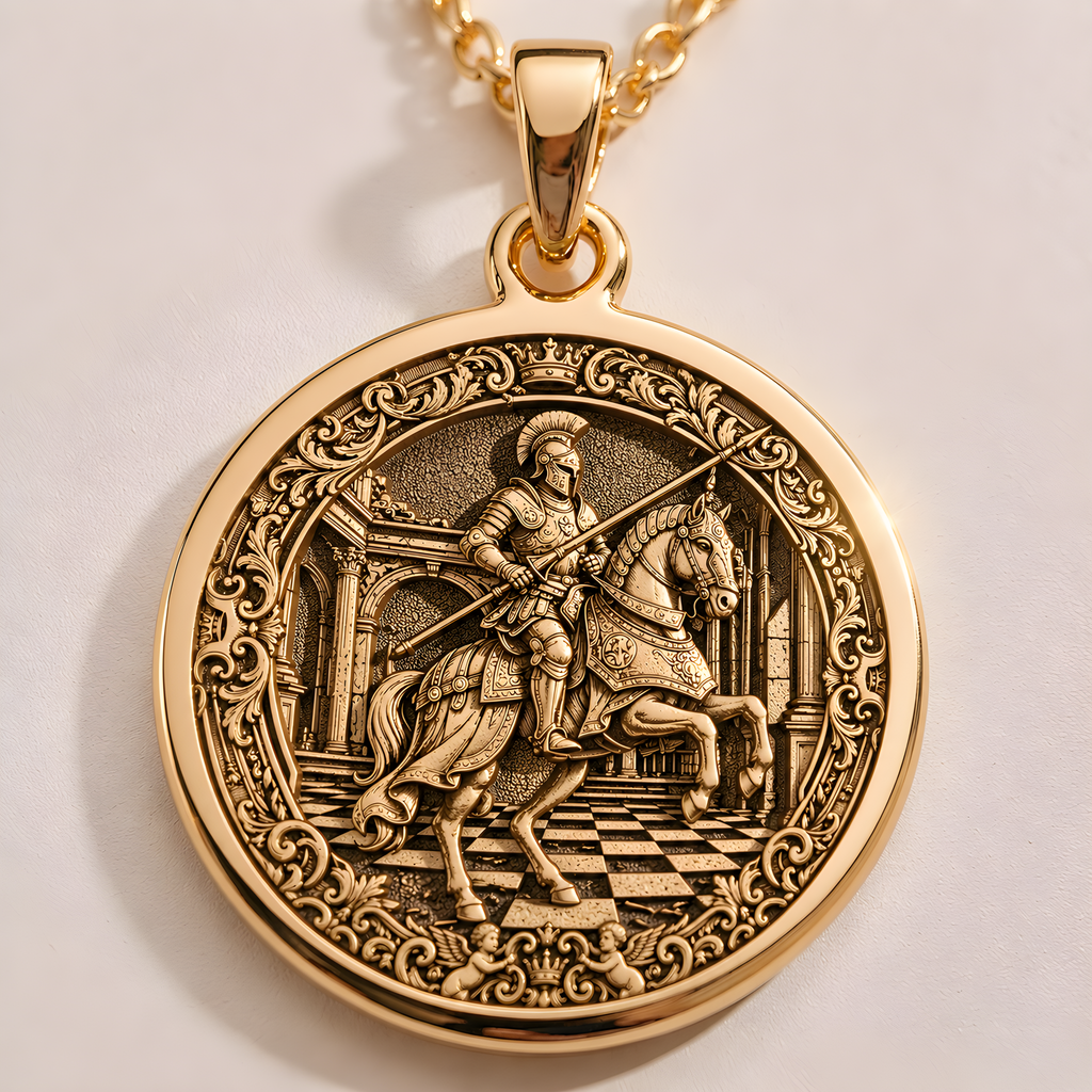 14K solid gold Knight Chess Coin Horse Head Necklace pendant. Shiny gold strategy game lover gift jewelry for chess enthusiasts.