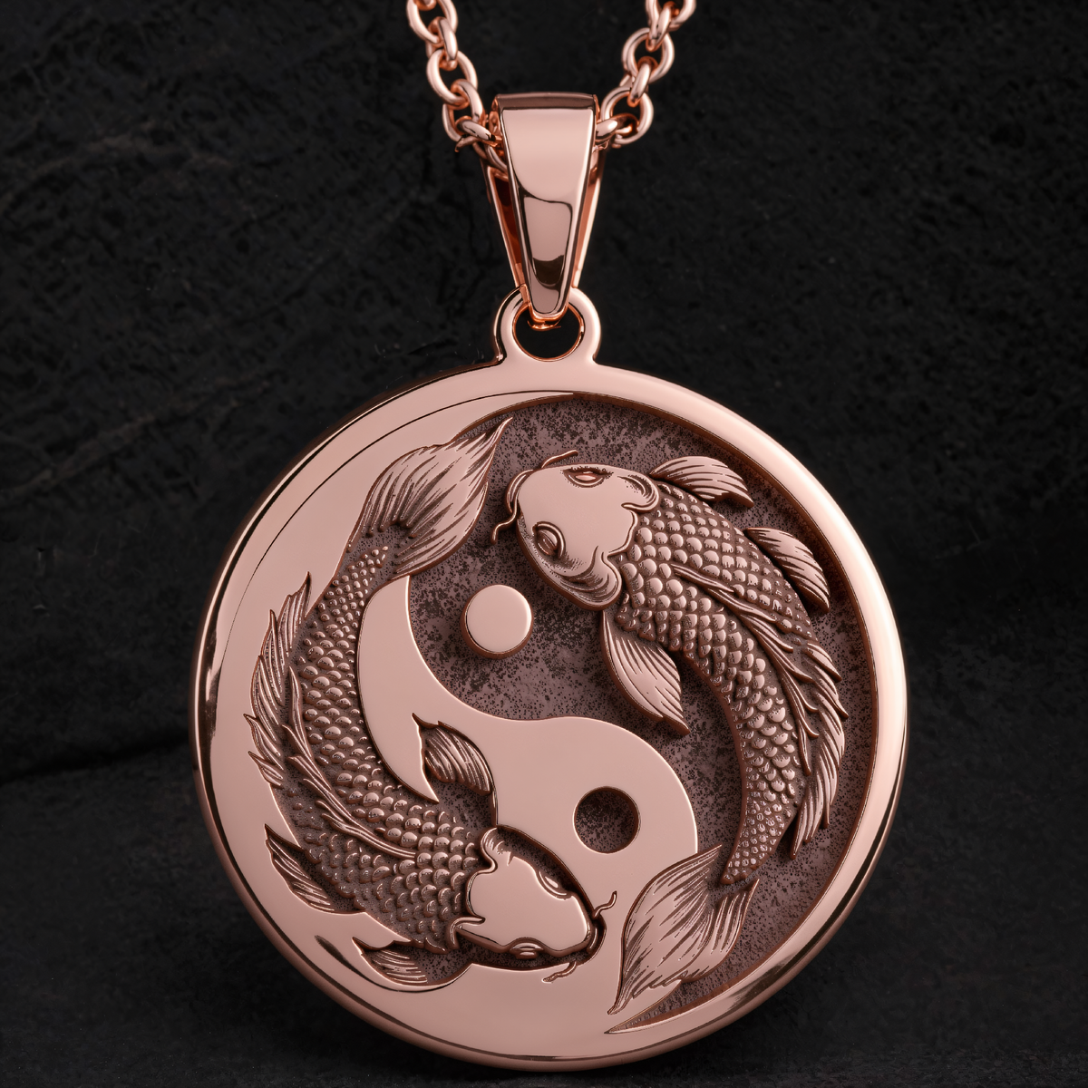 Koi Fish Talisman Necklace in a polished rose gold finish.