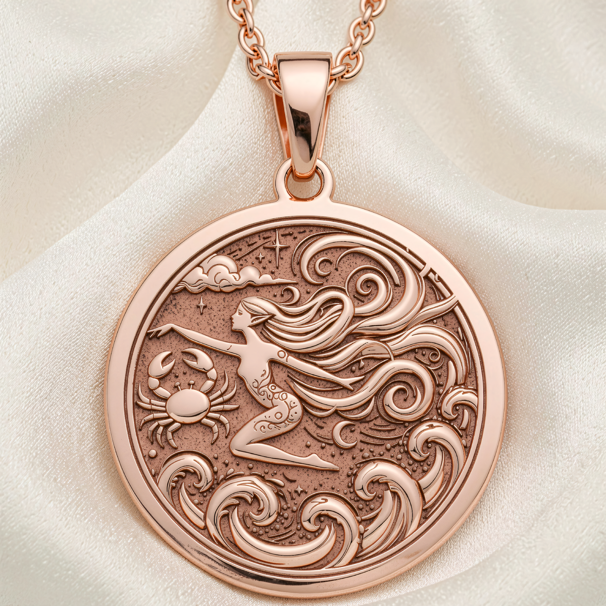 Front view of Krishna Amulet Spiritual Pendant in 14K rose gold plated, showing a kneeling woman beside a crab and stylized waves.