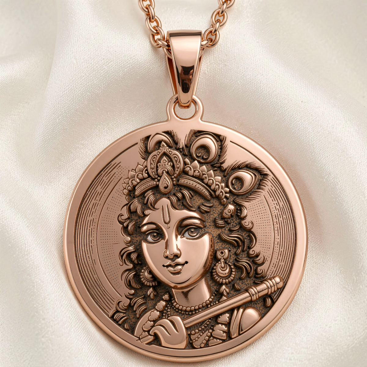 Front view of the Krishna God Necklace in rose gold plated, a round pendant engraved with Lord Krishna holding his flute.