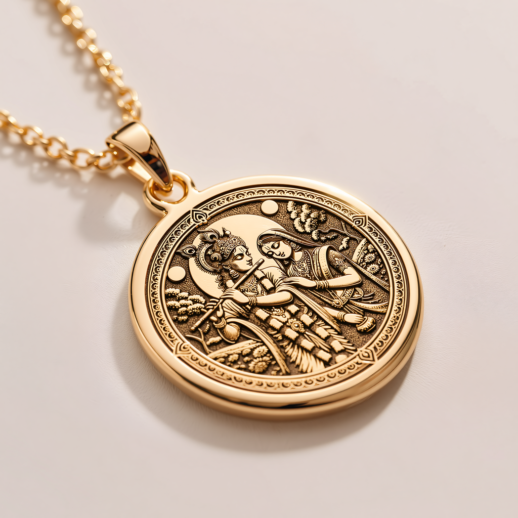 Krishna Radha Couple Pendant - 14K Solid Gold, Left Angle View