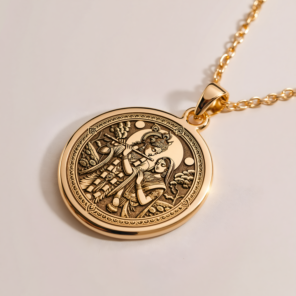 Krishna Radha Couple Pendant - 14K Solid Gold, Right Angle View