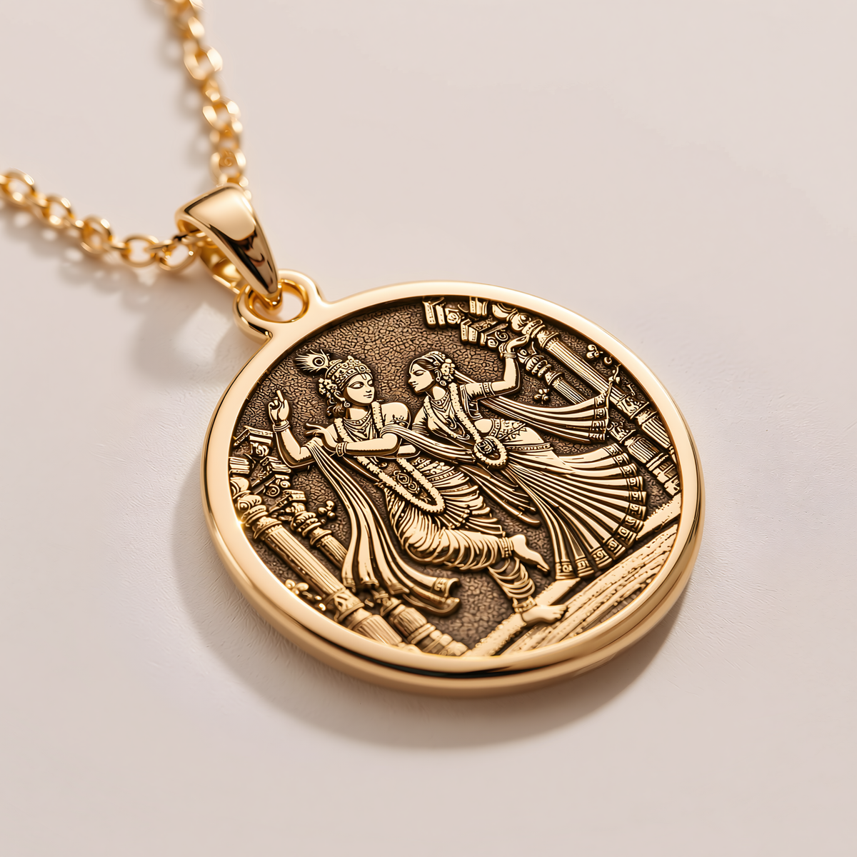 Krishna Radha Couple Swing Pendant - 14K Solid Gold, Left Angle View