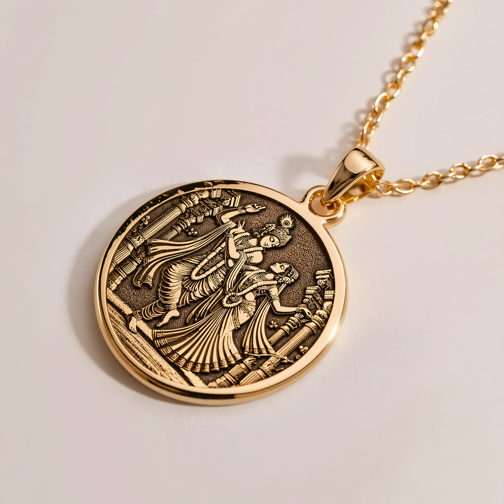 Krishna Radha Couple Swing Pendant - 14K Solid Gold, Right Angle View