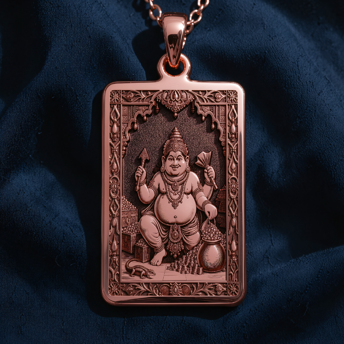 Kubera God of Wealth Pendant in a polished rose gold finish.