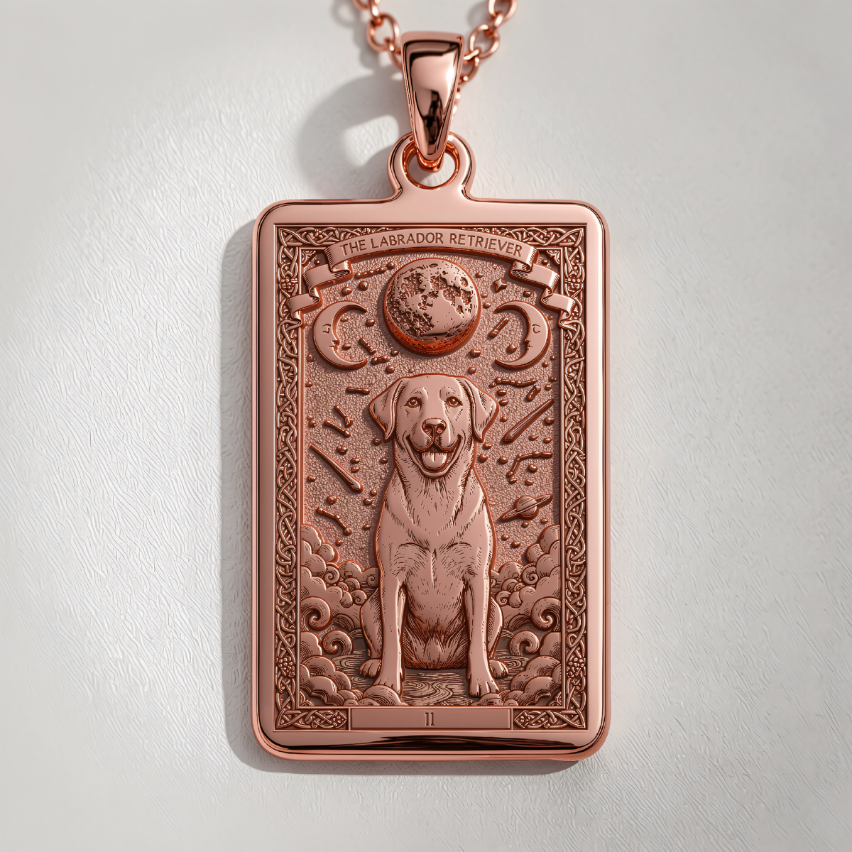 Labrador Dog Tarot Pendant in a polished rose gold finish.