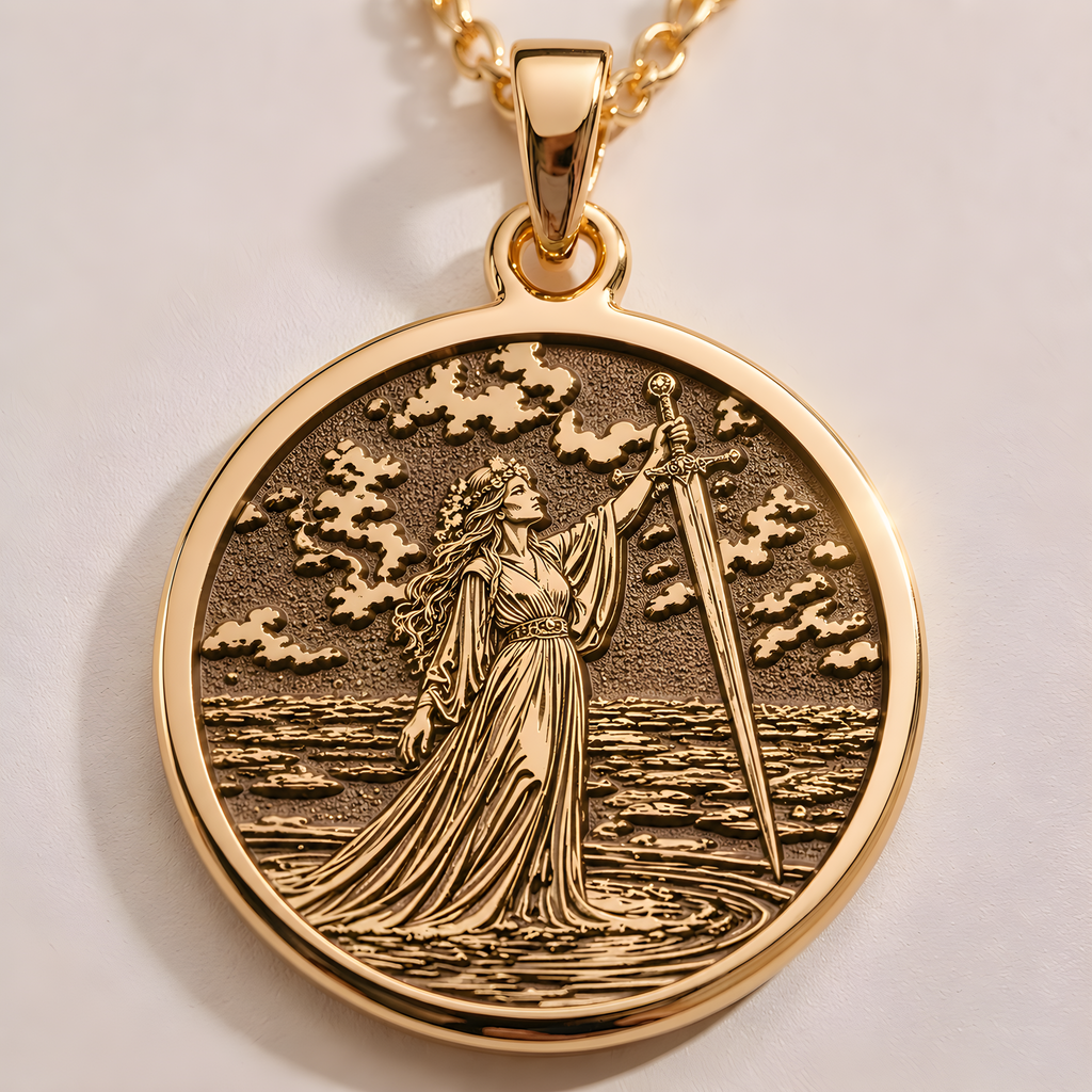 Lady of the Lake Excalibur Charm Necklace in a gold finish, shown from the front with detailed engraving on the pendant.