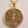 Lady of the Lake Excalibur Charm Necklace in a gold finish, shown from the front with detailed engraving on the pendant.