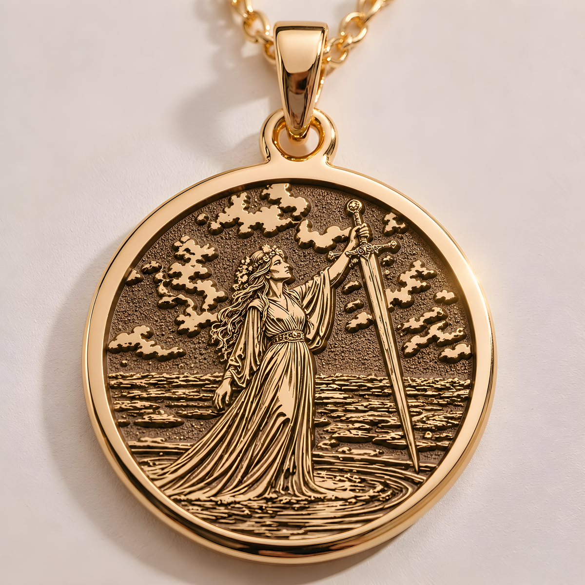 Lady of the Lake Excalibur Charm Necklace in a gold finish, shown from the front with detailed engraving on the pendant.