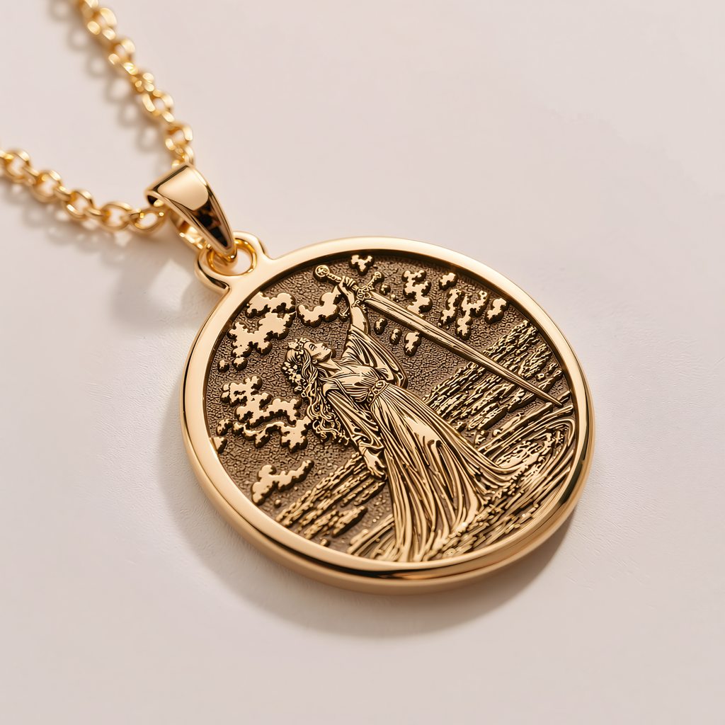 Lady of the Lake Excalibur Charm Necklace - 14K Solid Gold, Left Angle View