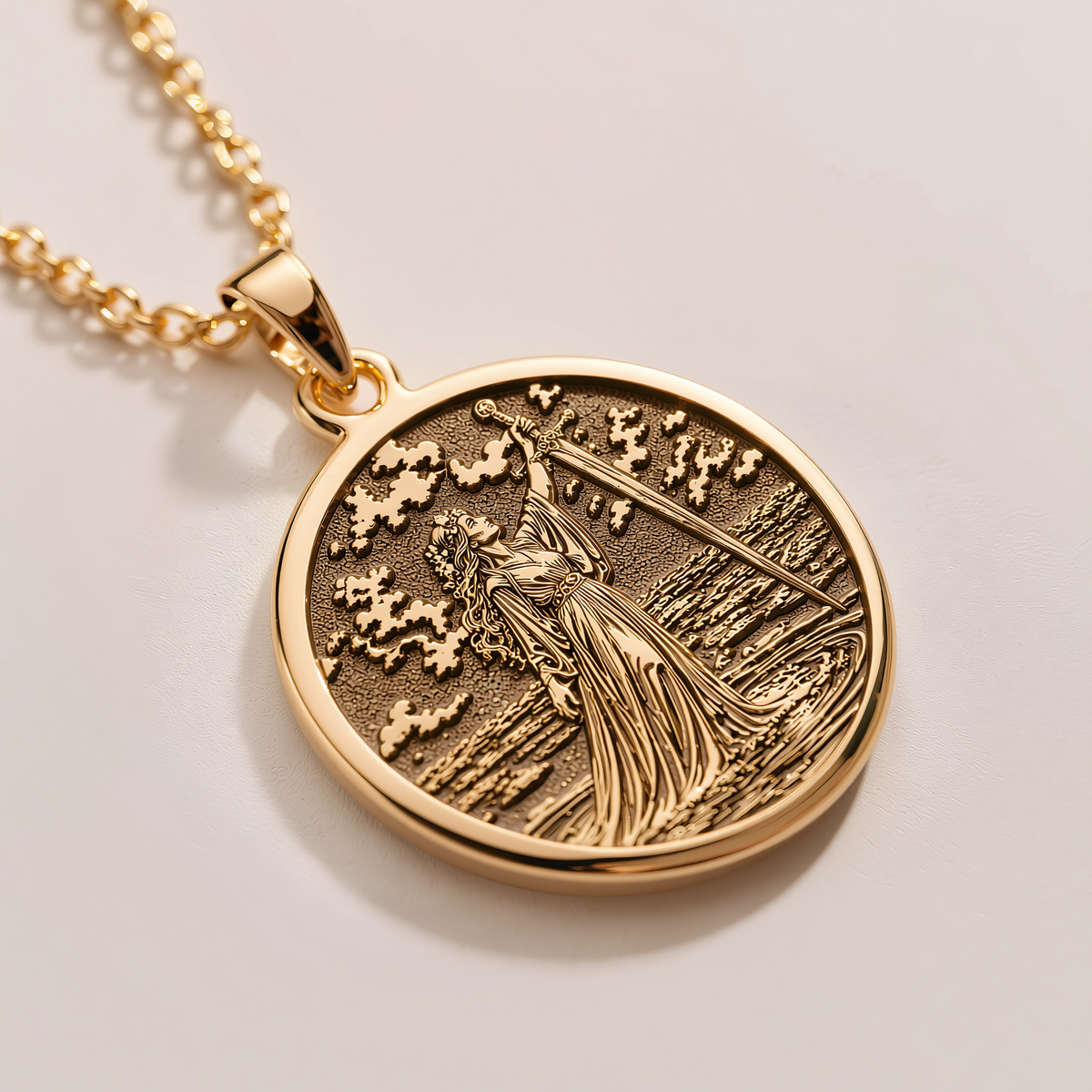 Lady of the Lake Excalibur Charm Necklace - 14K Solid Gold, Left Angle View