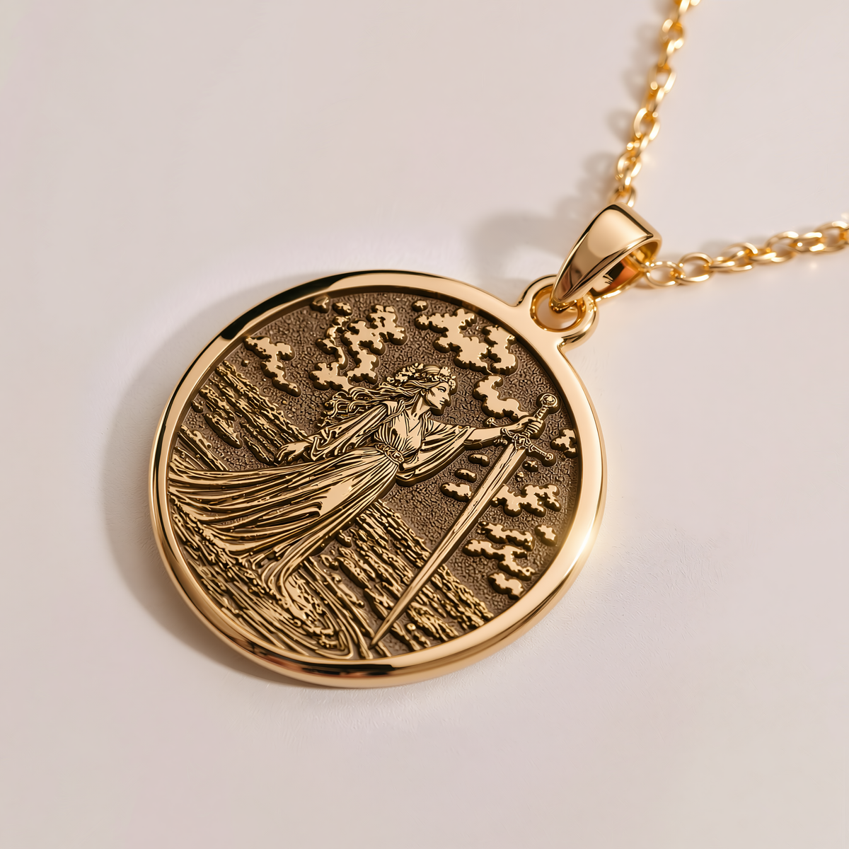 Lady of the Lake Excalibur Charm Necklace - 14K Solid Gold, Right Angle View