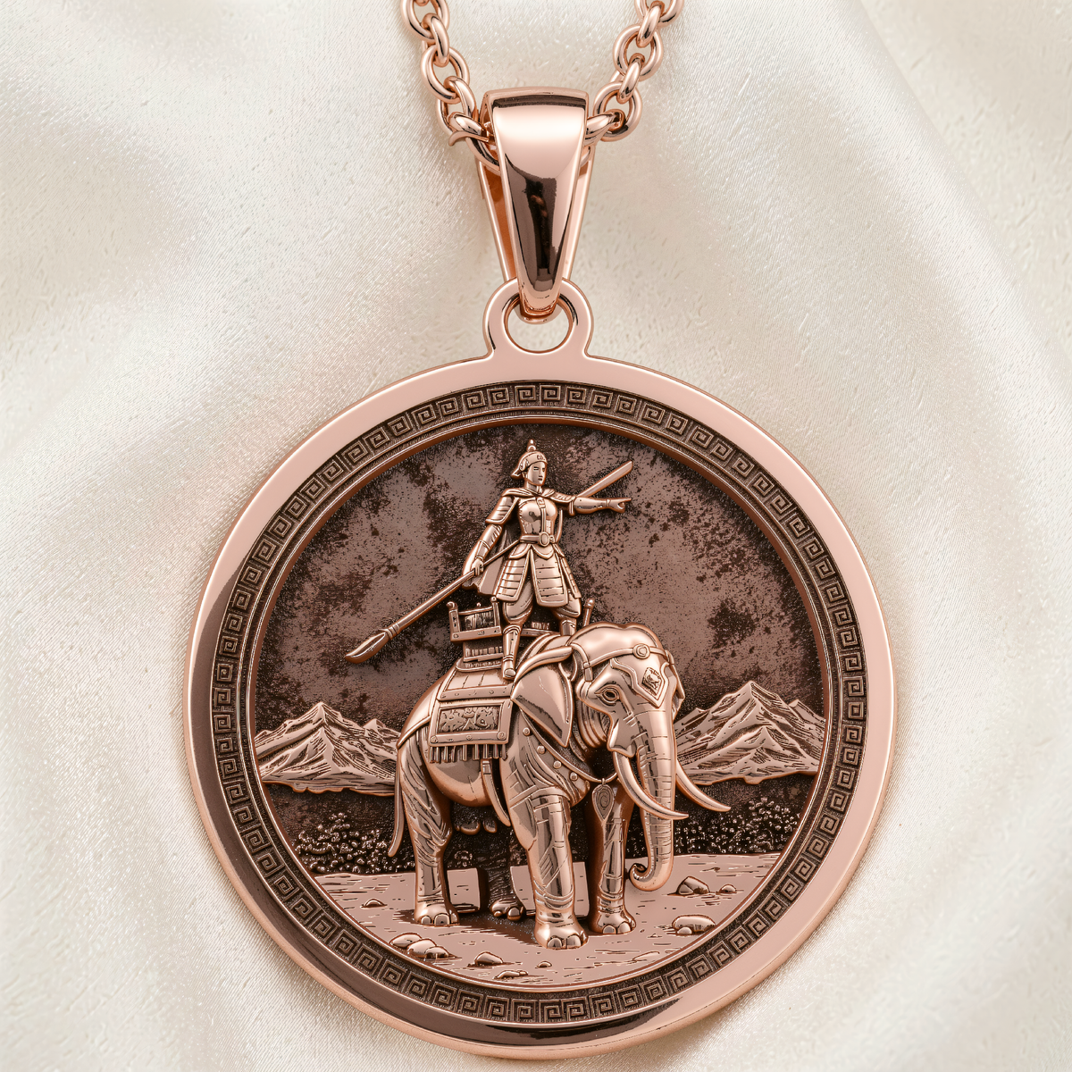 Lady Trieu Warrior Queen Necklace | Silver & Plated Options - Ancient Mythology Collectible Talisman - 14K Rose Gold Plated Front View