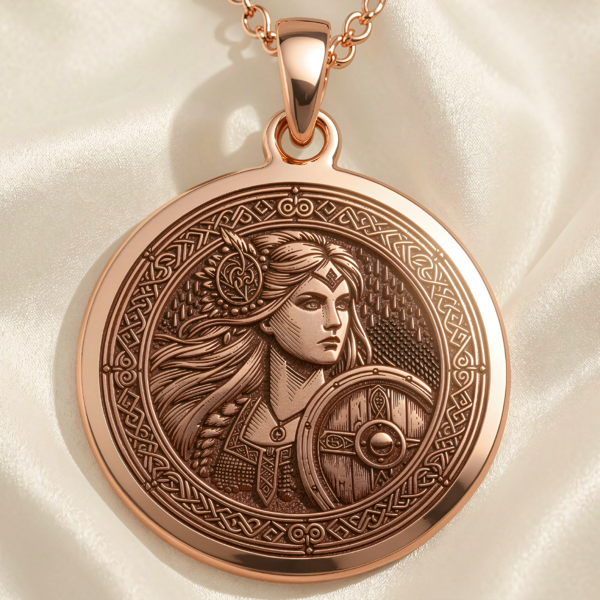 Lagertha Shield Viking Wayfinder Necklace | Silver & Plated Options - Ancient Mythology Protection Talisman - 14K Rose Gold Plated Front View