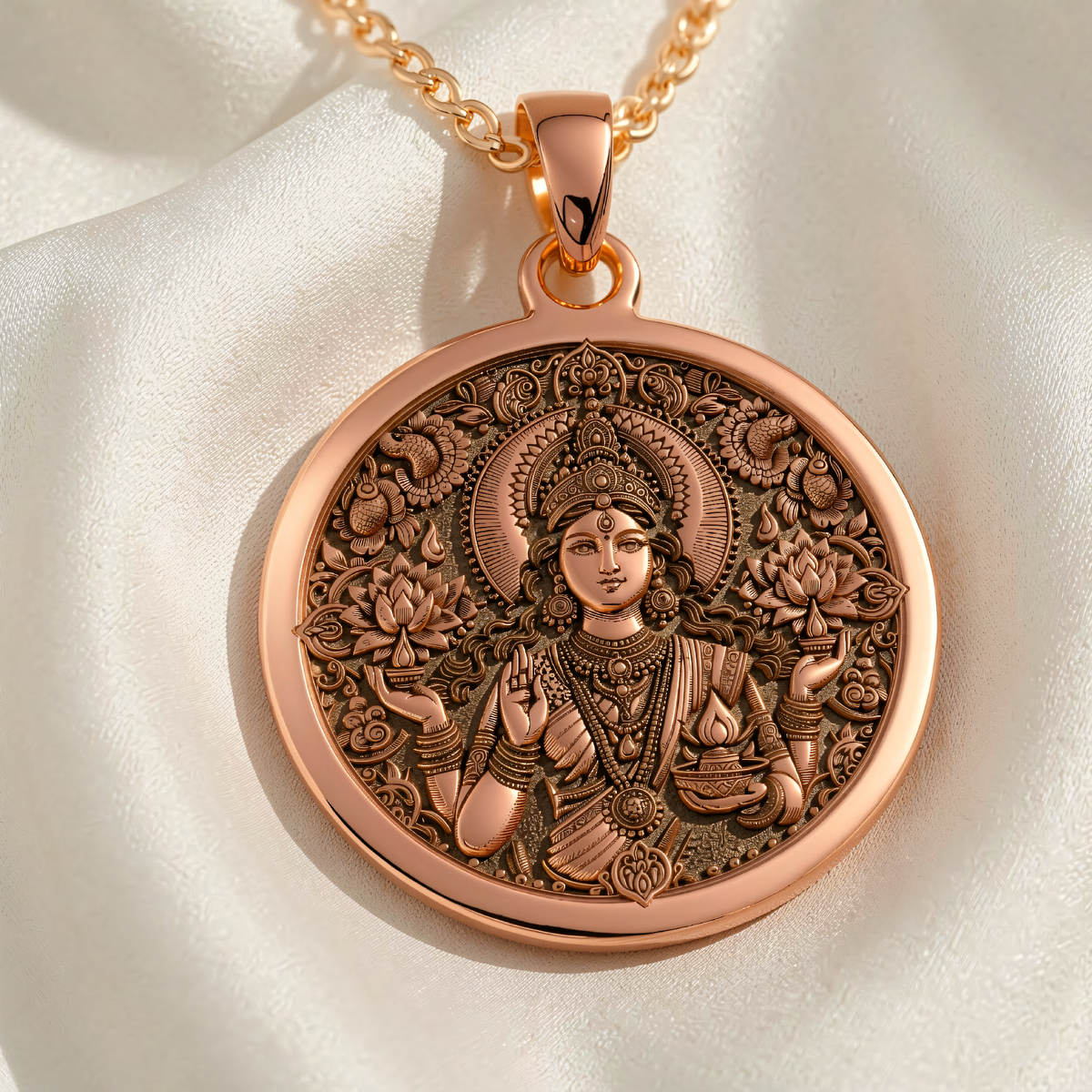 Lakshmi Goddess Necklace rose gold plated front view of the round pendant showing the goddess holding lotuses and a pot.