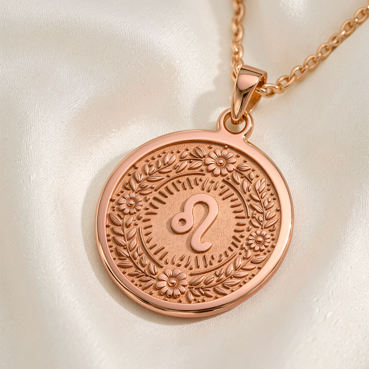 Leo Zodiac Astrological Sign Medallion | Silver & Plated Options - Birthdate Jewelry Personality Gift - 14K Rose Gold Plated Front View