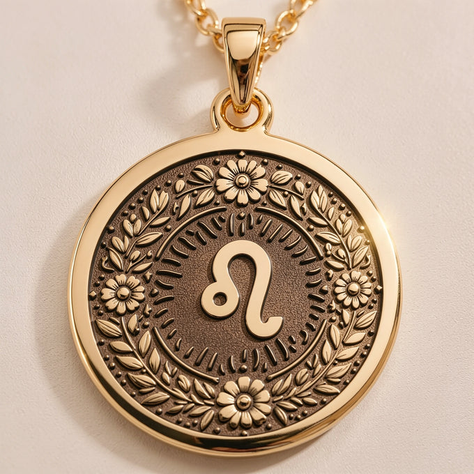 Leo Zodiac Astrological Sign Medallion - Birthdate Jewelry Personality Gift - Görsel 1, 14K gold zodiac