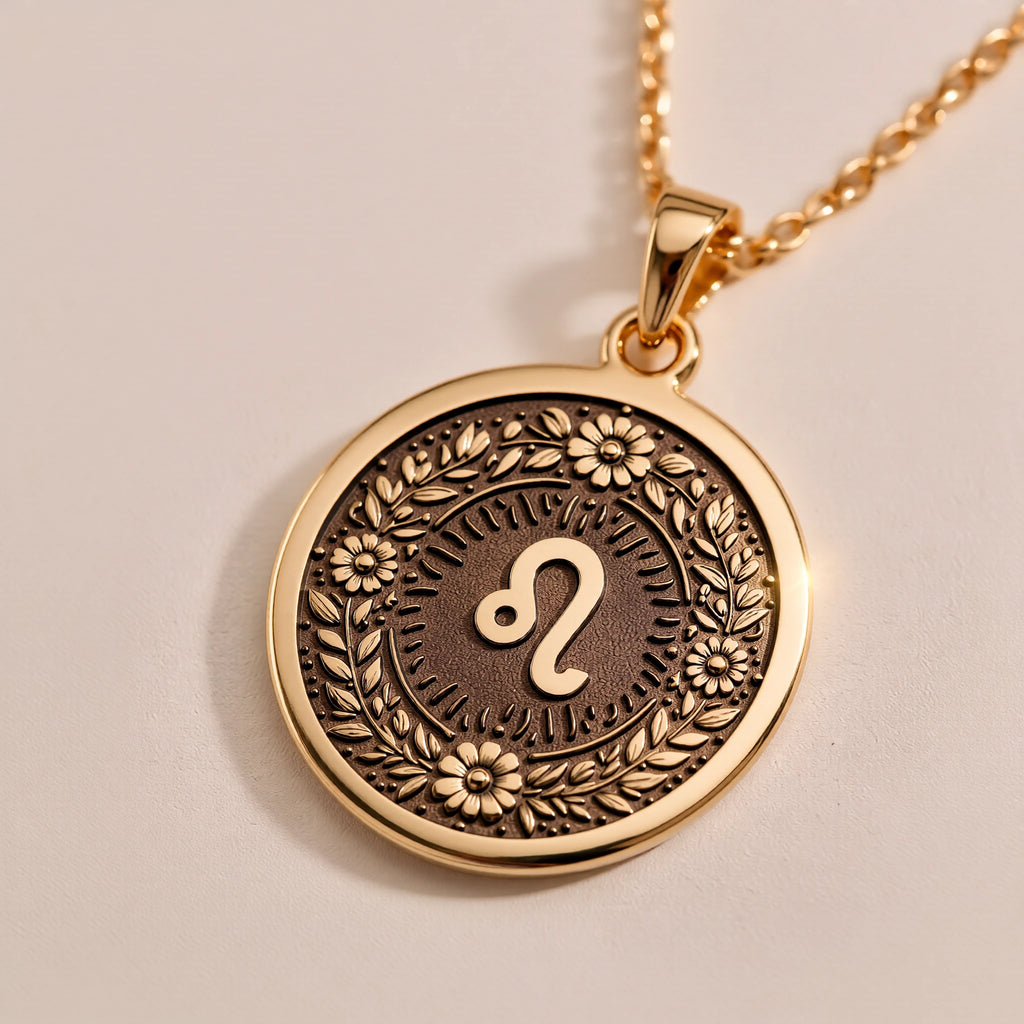 Leo Zodiac Astrological Sign Medallion - Birthdate Jewelry Personality Gift - Görsel 3, 14K gold zodiac