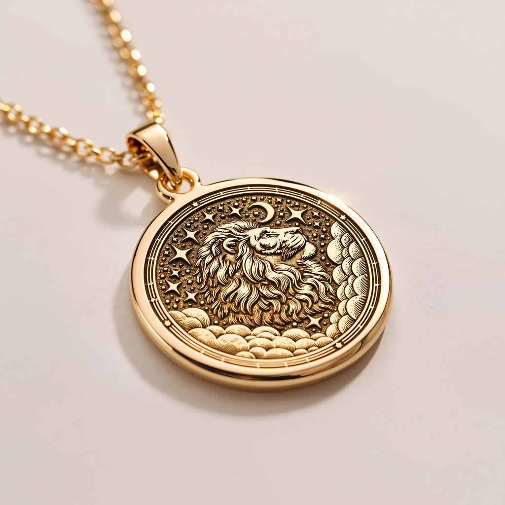 Leo Zodiac Coin Pendant - 14K Solid Gold, Left Angle View