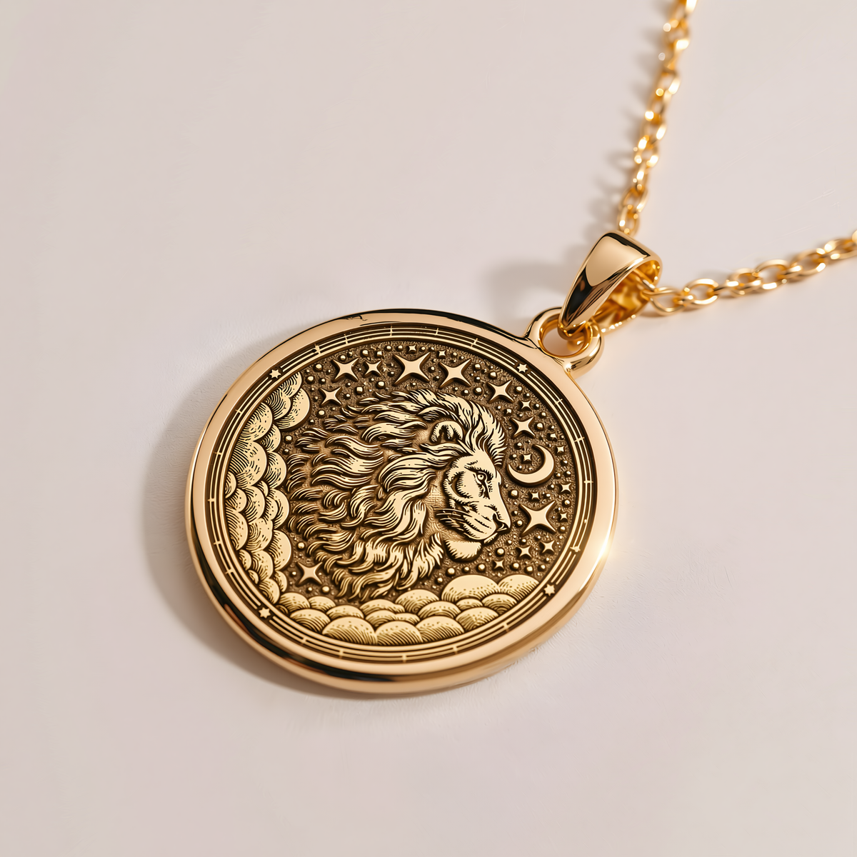 Leo Zodiac Coin Pendant - 14K Solid Gold, Right Angle View