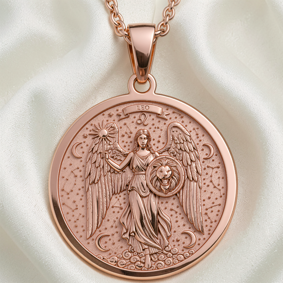 Leo Zodiac Sign Pendant | Silver & Plated Options - Astrological Sign Birthdate Jewelry - 14K Rose Gold Plated Front View