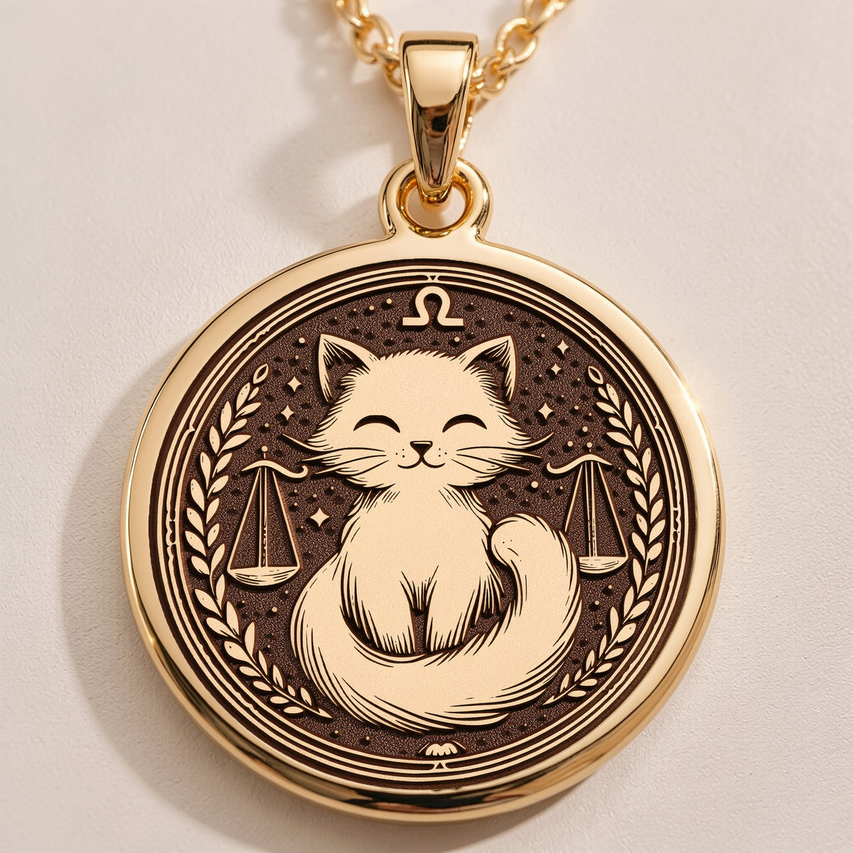 Libra Scales Zodiac Pendant Necklaces 14K 14K Gold Plated pendant necklace featuring a cat between scales design.