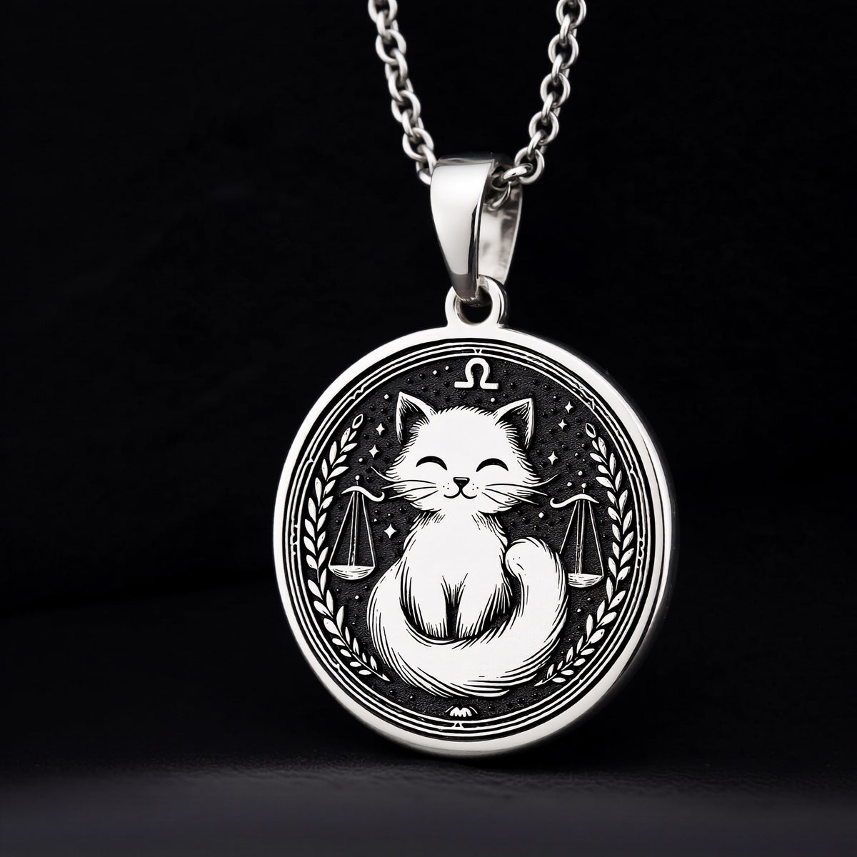 Sterling silver Libra zodiac necklace with a charming cat design. A dainty astrology-inspired piece for women, perfect as a birthday gift or everyday wear.