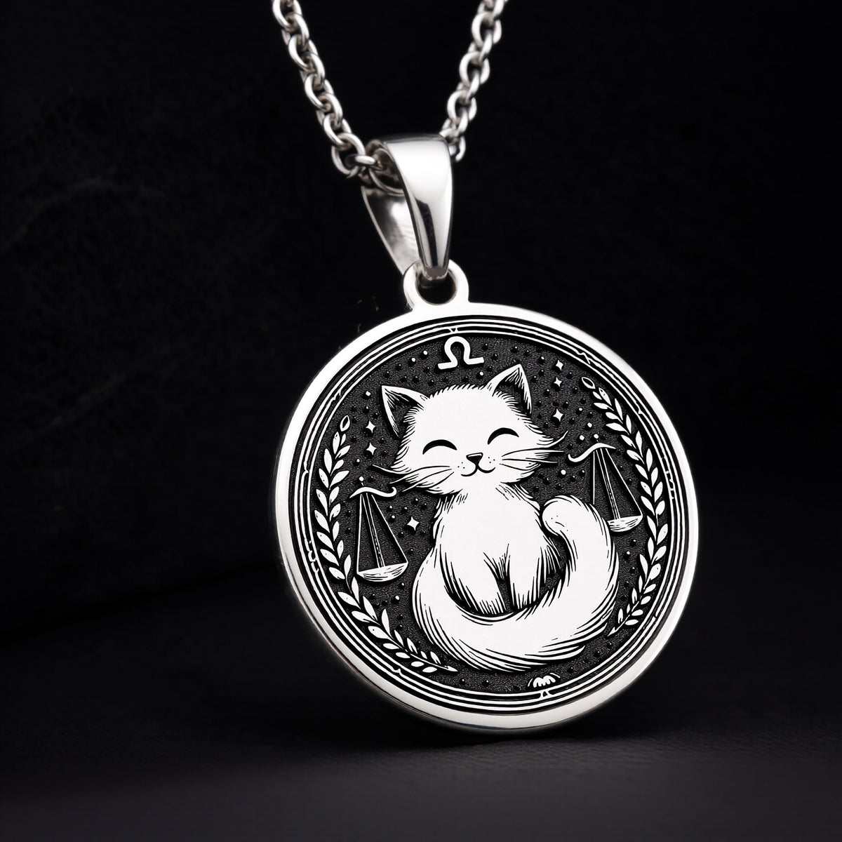 Sterling silver Libra zodiac necklace with a charming cat design. A dainty astrology-inspired piece for women, perfect as a birthday gift or everyday wear. - View 11