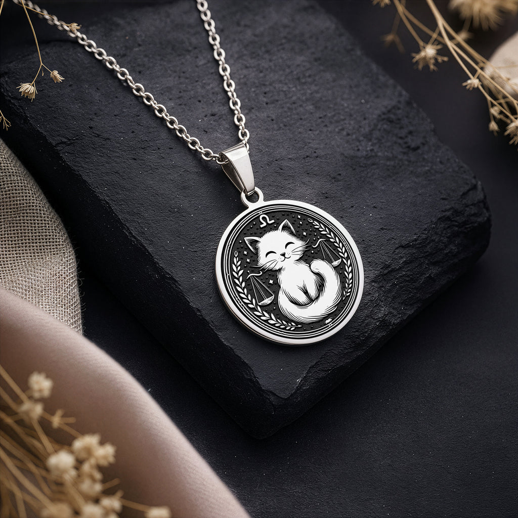 Sterling silver Libra zodiac necklace with a charming cat design. A dainty astrology-inspired piece for women, perfect as a birthday gift or everyday wear. - View 2