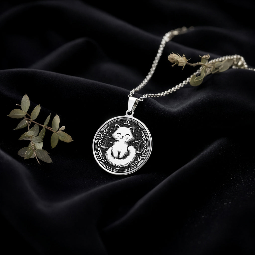 Sterling silver Libra zodiac necklace with a charming cat design. A dainty astrology-inspired piece for women, perfect as a birthday gift or everyday wear. - View 3