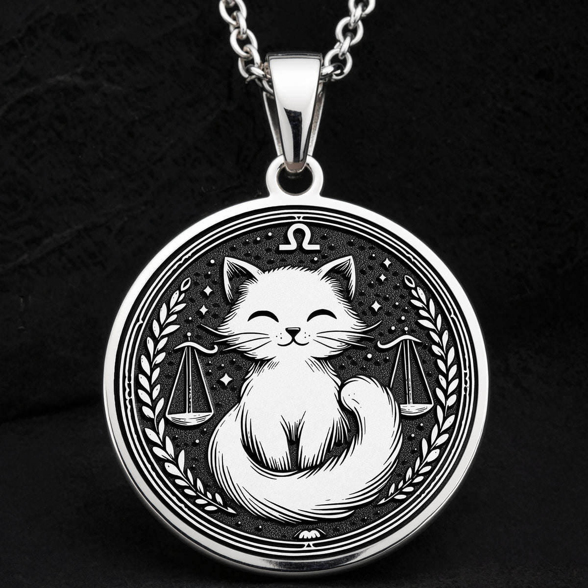 Sterling silver Libra zodiac necklace with a charming cat design. A dainty astrology-inspired piece for women, perfect as a birthday gift or everyday wear. - View 7