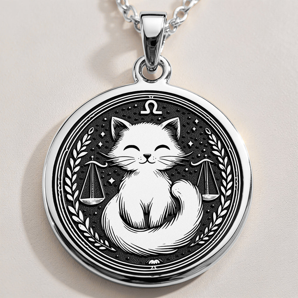 Sterling silver Libra zodiac necklace with a charming cat design. A dainty astrology-inspired piece for women, perfect as a birthday gift or everyday wear.