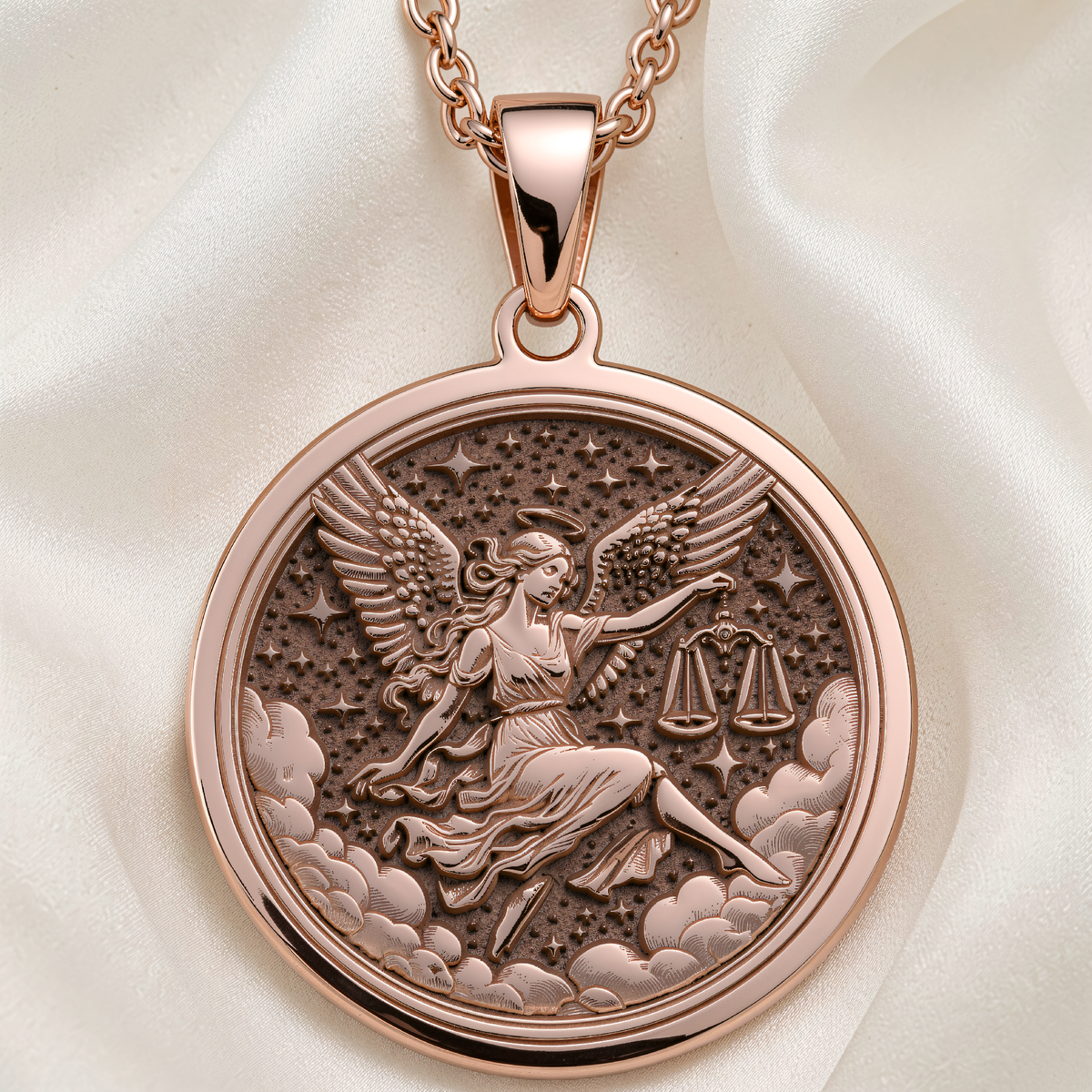 Libra Zodiac Astrological Sign Necklace | Silver & Plated Options - Birthdate Jewelry, Star Map, Personality Gift - 14K Rose Gold Plated Front View