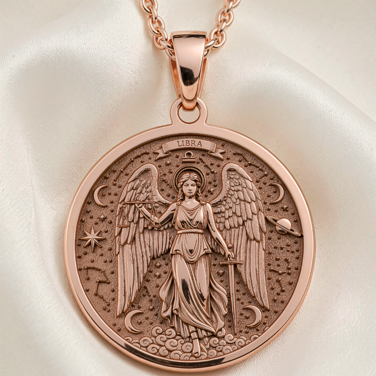 Libra Zodiac Guardian Angel Wings Necklace | Silver & Plated Options - Astrological Sign Spiritual Protection - 14K Rose Gold Plated Front View