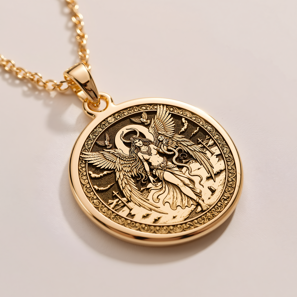 Lilith Rebel Goddess Coin Pendant - 14K Solid Gold, Left Angle View