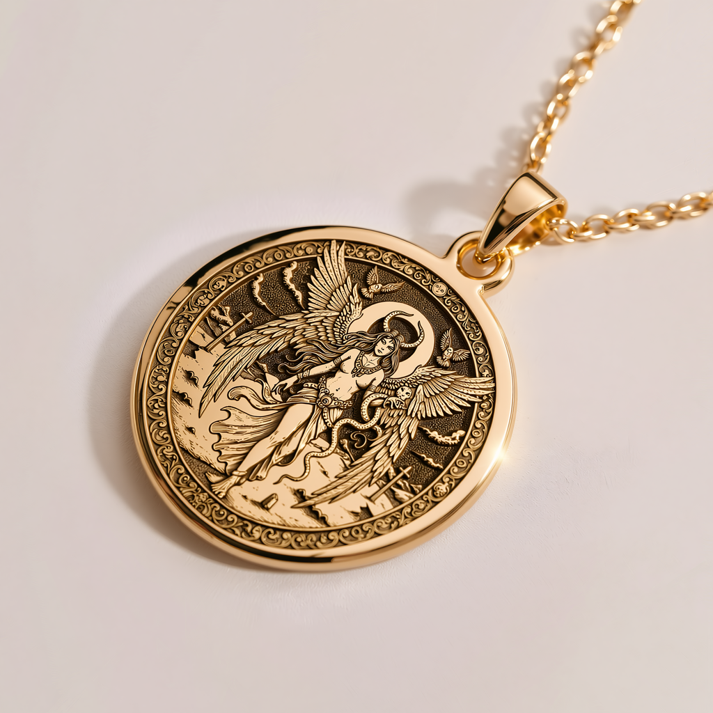 Lilith Rebel Goddess Coin Pendant - 14K Solid Gold, Right Angle View