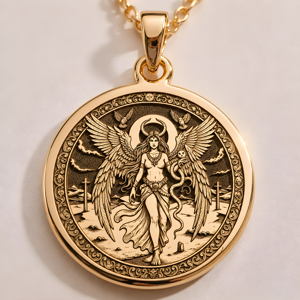 14K solid gold Lilith Rebel Goddess coin pendant. Dark feminine witchy symbol necklace jewelry.