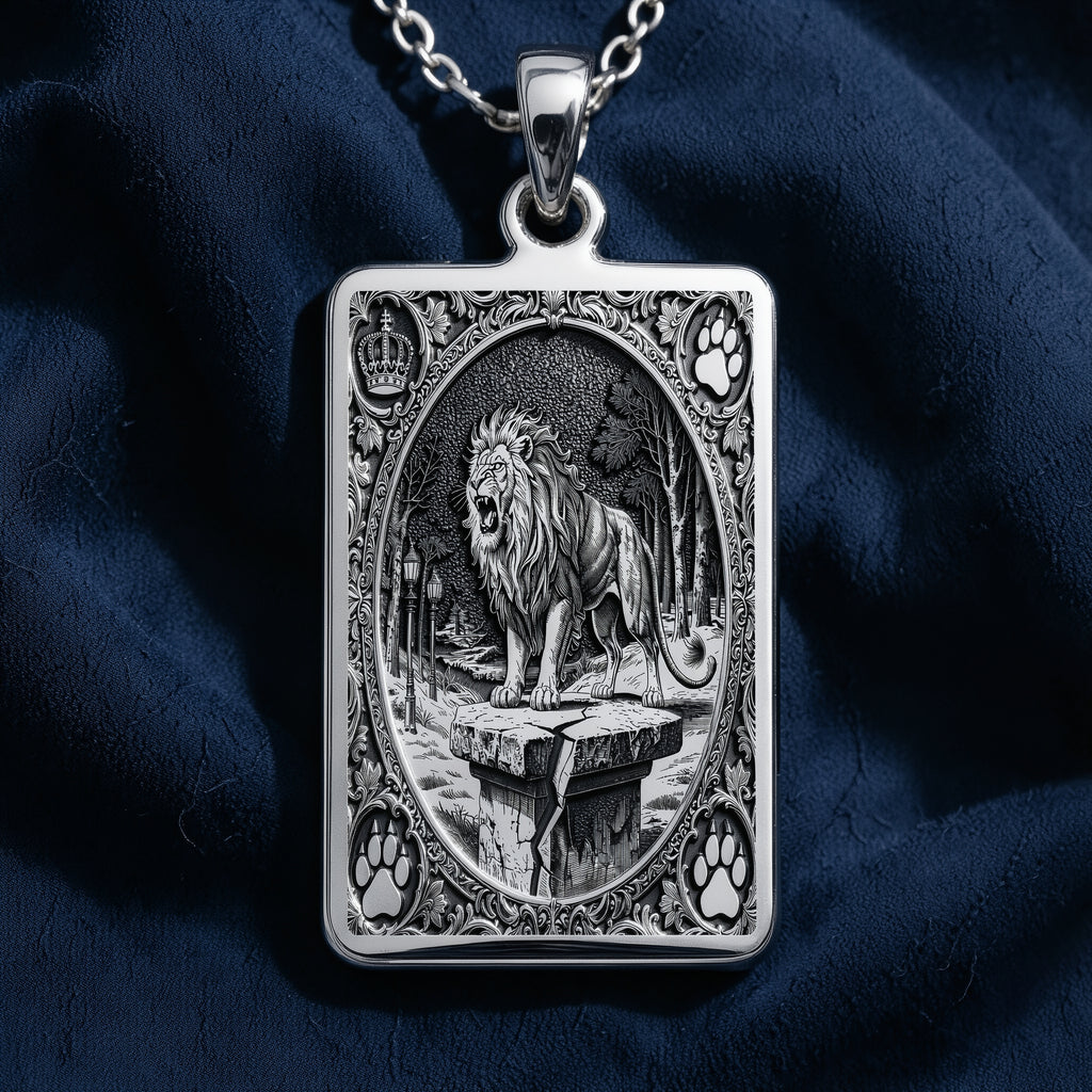 Silver pendant featuring a detailed Lion King of Beasts design with an ornate border and textured surface finish. The pendant is displayed on a black background with several faceted gemstone-like shapes scattered around it.