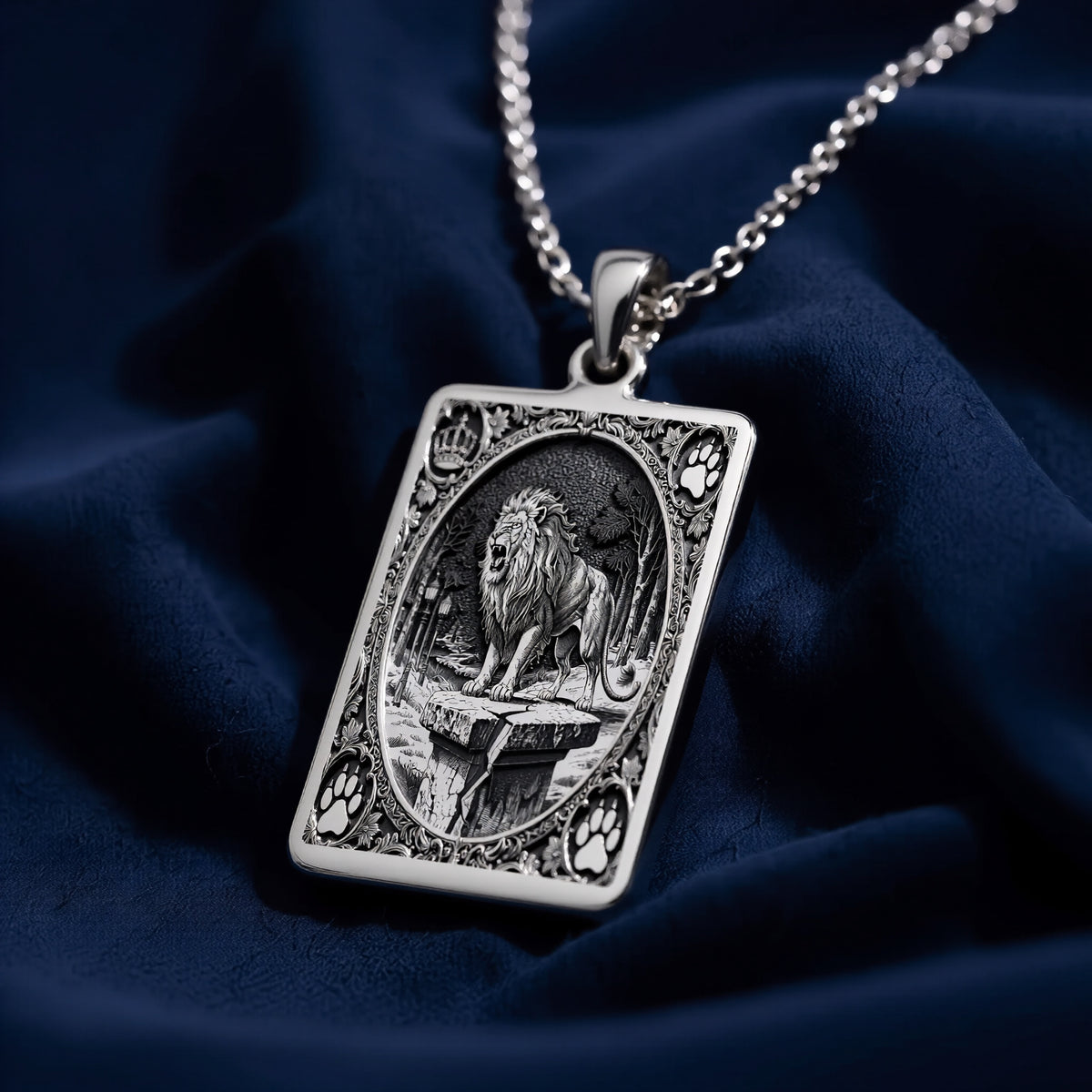 Silver pendant featuring the Lion King of Beasts tarot card design with detailed etching. The pendant is attached to a silver chain and displays a finely textured surface finish. - View 7