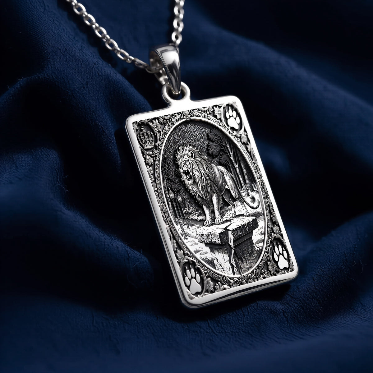 Silver pendant featuring the Lion King of Beasts tarot card design with detailed etching. The pendant is attached to a silver chain and displays a finely textured surface finish. - View 8