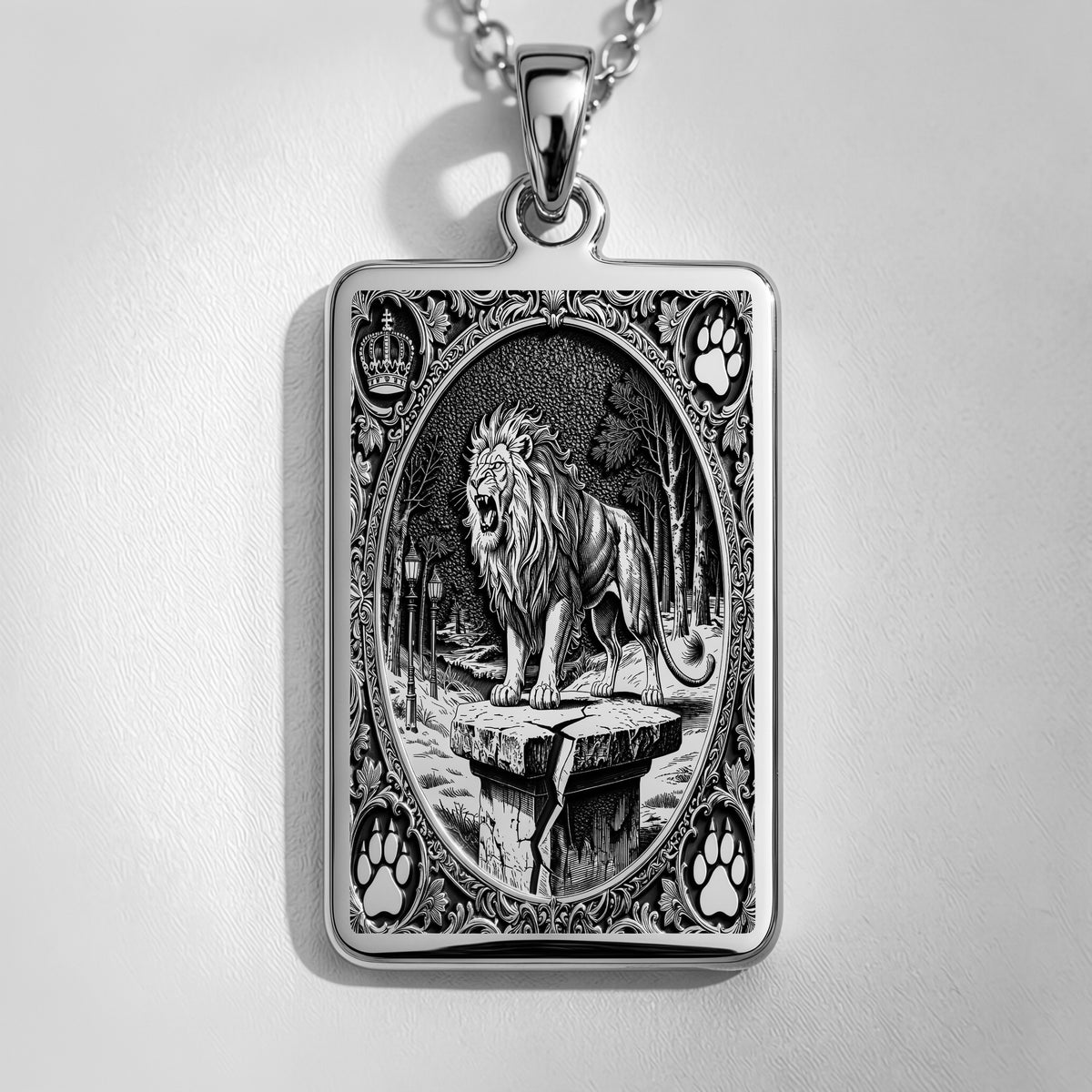 Silver pendant featuring the Lion King of Beasts tarot card design with detailed etching. The pendant is attached to a silver chain and displays a finely textured surface finish.