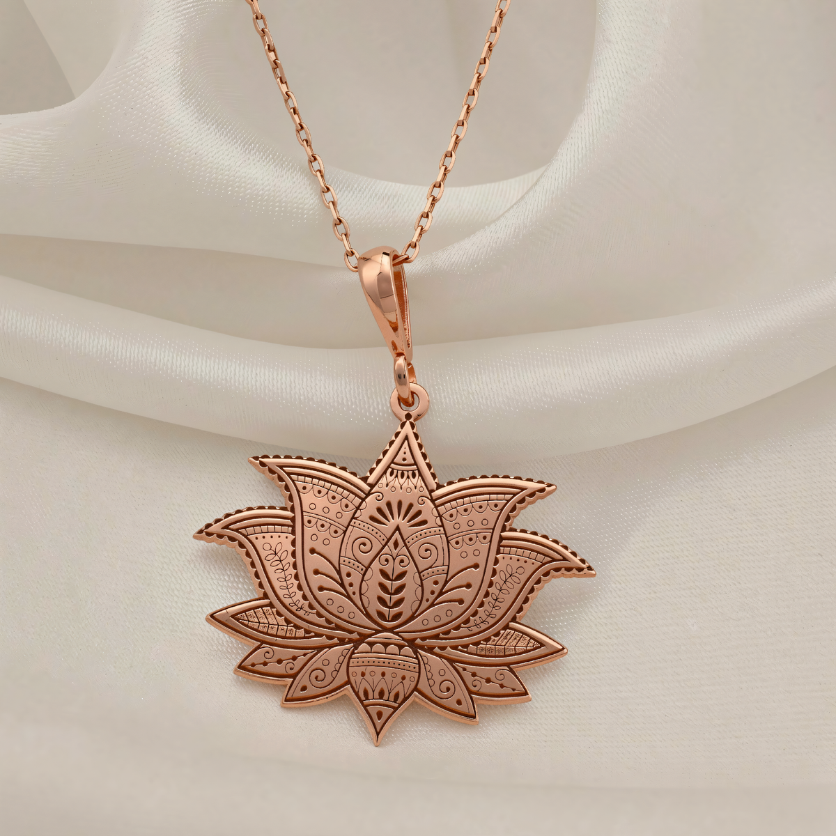 Lotus Flower Yoga Talisman Necklace | Silver & Plated Options - Spiritual Protection Sacred Symbol - 14K Rose Gold Plated Front View